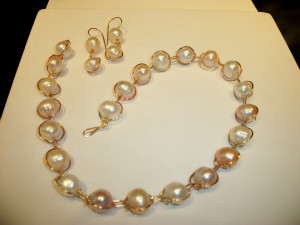 Natural color fresh water pearls, wrapped in multi-colors of 14kt gold (rose, yellow, white, green)